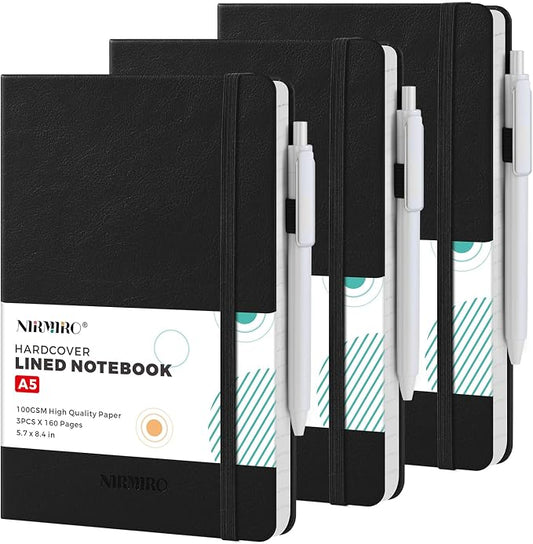 (3 Pack) Lined Journal Notebook with Pen, A5 (5.7"x8.4") Leather Hardcover Journaling Notebooks for Women Men Work, 160 Pages per Note Book, 100GSM Paper, School Office Supplies, Black