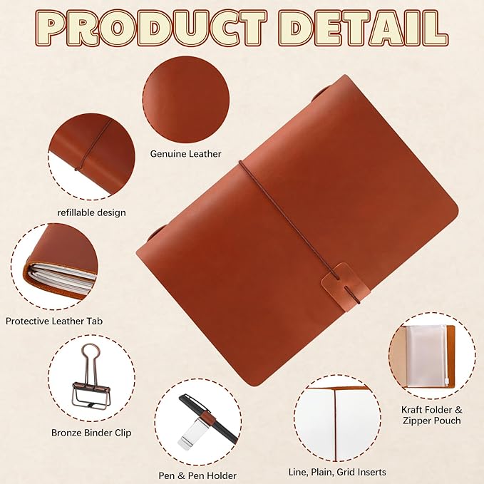 Thenshop Travelers Refillable Leather Journal Notebook Travel Diary Handmade Passport Travelers Journal for Men and Women with 3 Notebook Inserts, Pen Holder, Binder Clip(Brown,A5 Size)