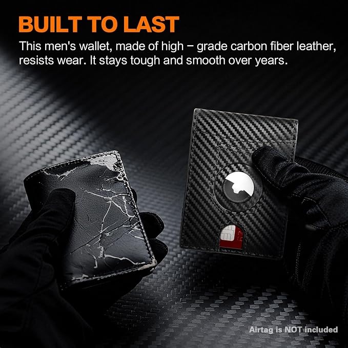 Wallet for Men Slim RFID Blocking Bifold Carbon Fiber,Minimalist Small Compact Front Pocket Credit Card Holder,Thin Mens Leather Wallets Smart Security With 2 ID windows 1 Cash (Black & Orange)
