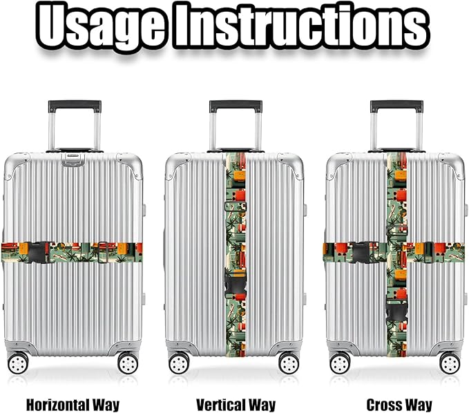 Nuxovilar Luggage Straps of 2 Set Travel Elements Pattern, 1.96x90.5 inches - Luggage Straps for Suitcases, Perfect for Vacation, Beach Trips, Travel Enthusiasts