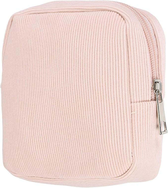 uxcell Period Bag for Teen Girls Women, Portable Corduroy Sanitary Towel Compact Cute Pouch with Zippers, Small Pouch Napkin Storage Pads Holder for Travel, Daily Use, Purse, Pink