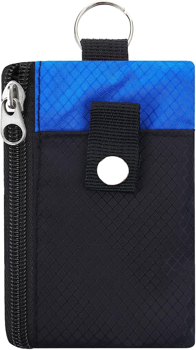 Minimalist Small Wallet for Men Women with 2 Zip Pockets, Multi Functional ID Case with Keychain and Card Holder, Coin Purse Badge Lanyard Pouch for Boys Girls Travel -Black+DarkBlue