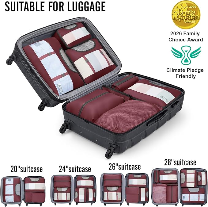 Veken 8 Set Packing Cubes for Travel Essentials,Anti-Wrinkle Buckled Suitcase Organizer for Shoe & Toiletry Bag,Carry On Luggage Bag for Airplane & College Dorm Room Accessories,Women Men Gifts,Wine