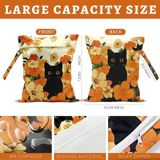 Black Cat Floral Wet Dry Bags Reusable Waterproof Wet Bags Swimsuit Bag Diaper Pouch for Travel Towels Beach Gym Cat Gifts for Women Friend Travelers 10 x 13 Inches