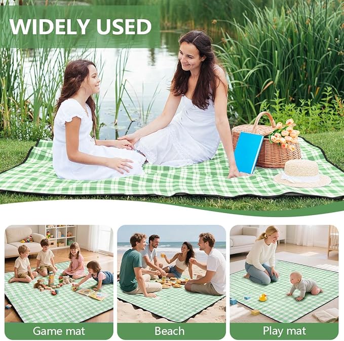 OBTANIM Extra Large Picnic Blanket 60 x 80 Inch Waterproof Foldable Beach Blankets Outdoor Picnic Mat for Camping Grass Lawn Park Music Festival Party Accessories (Green and White)