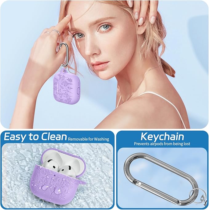 for Airpods 4 Case, Ekoonpft Flower Engraved Cases for Apple AirPods 4th Generation 2024, Soft Silicone Cover for Women Girly with 3-in-1 Cleaner Kit, Keychain, Military Grade Protection