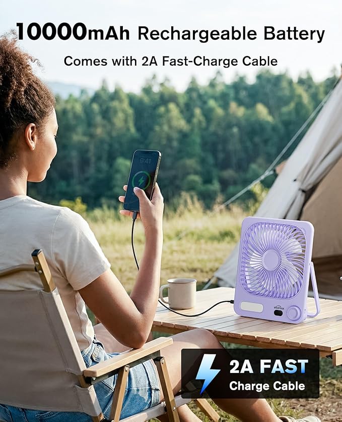 WHATOOK Large Travel Fan Rechargeable - 10000mAh Battery Operated Portable Fan with 100 Speeds & Night Light, Ultra Quiet Personal Desk Fan for Bedroom, Office, Camping & RV Tent (Purple)