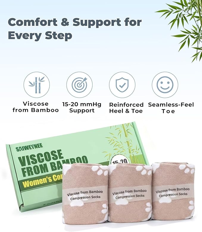 Compression Socks for Women 15-20 mmHg, Viscose from Bamboo, 3-Pair Knee High for Flying, Work & All-Day Comfort
