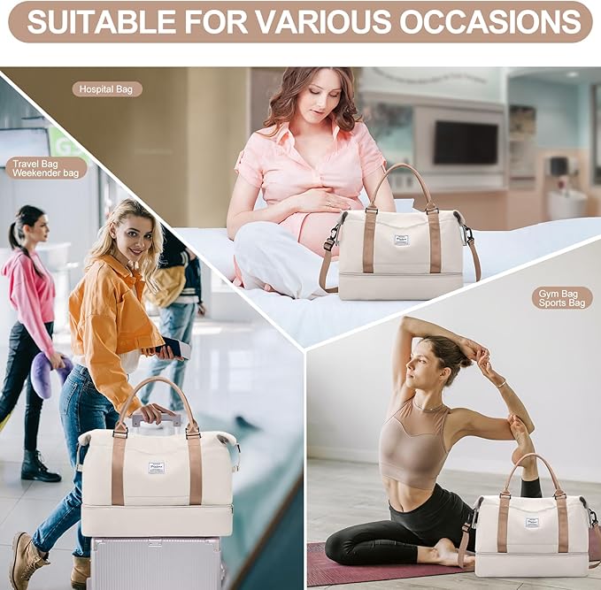 Weekender Bags for Women,Travel Duffle Overnight Bag with Shoe Compartment,Personal Item Carry On Bag,Beige & Brown,Extra Large,3 Pcs Set