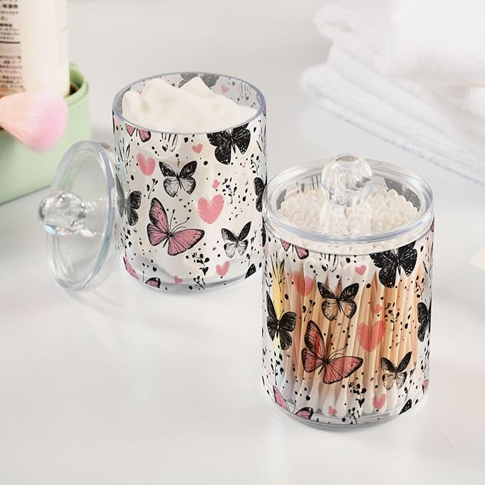 2 Pack Qtip Holder Organizer Dispenser Black Pink Butterflies Hearts Bathroom Storage Canister Cotton Ball Holder Container for Cotton Pads/Swabs/Floss