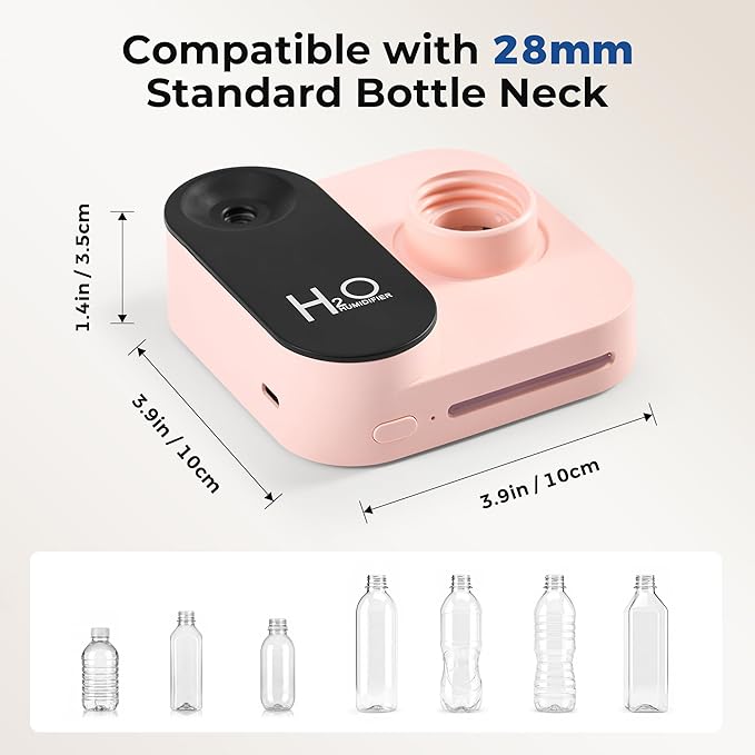 Travel Humidifier, Portable Mini Cool Mist Humidifier, Small Bottle Humidifier with Auto Shut-Off, Night Light, USB Rechargeable, for Bedroom, Office, Hotel, Car and Plants, Pink