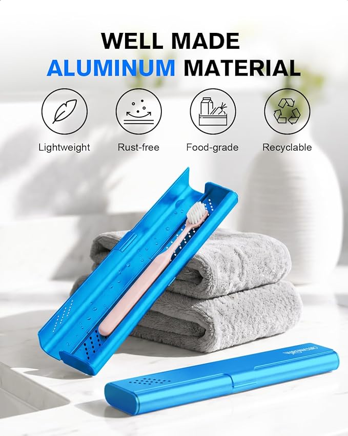 Toothbrush Case Cover for Traveling, Aluminum Toothbrush Holder for Manual Toothbrush + Mini Toothpaste, Portable Tooth Brush Storage Box for Camping Business Trip-Blue (1 Pack)