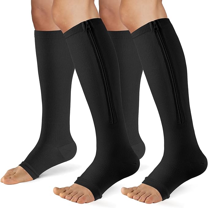 Zipper Compression Socks for Women & Men 2 Pairs，15-20mmhg Open Toe Compression Stockings for Nurse and Long Standing Crowd