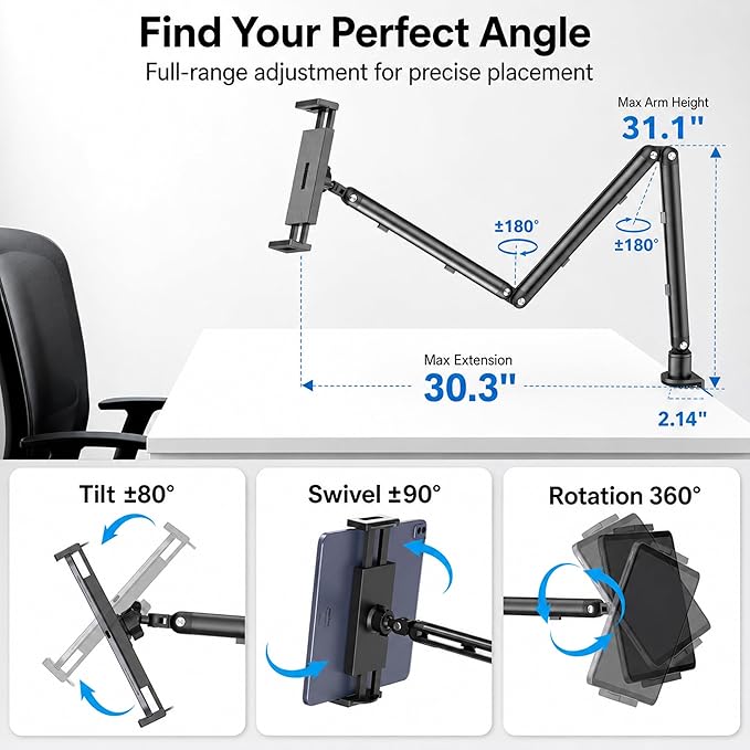 iPad Holder for Desk, Adjustable Tablet Arm iPad Desk Mount with C-Clamp, 30" Foldable Long Arm & 360° Rotation, Fits 4.7"–15.6" i Pad Pro/Air/Mini, Phones & 15.6" Portable Monitors for Desk/Bed Use