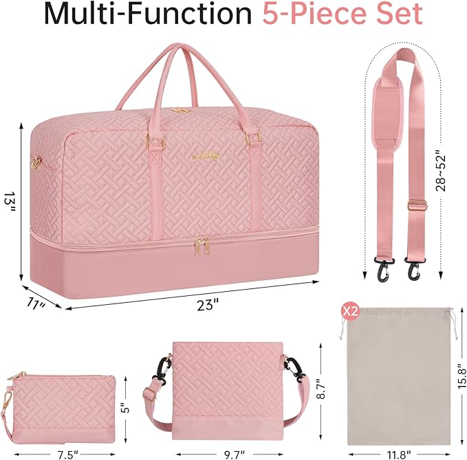 Weekender Bag for Women, 5 Pcs Set Carry on Overnight Bag, 23" Large Travel Duffel Bag with Waterproof Shoe Compartment for Weekend Travel Business Trip