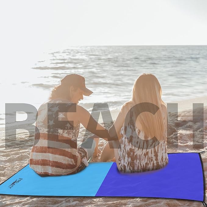 Frelaxy Pocket Picnic Blanket, Waterproof Sandproof Beach Mat, Compact Camping Tarp for Festivals, Hiking, Travel, Outdoor Recreation (Navy & Blue, 57'' x 71'')
