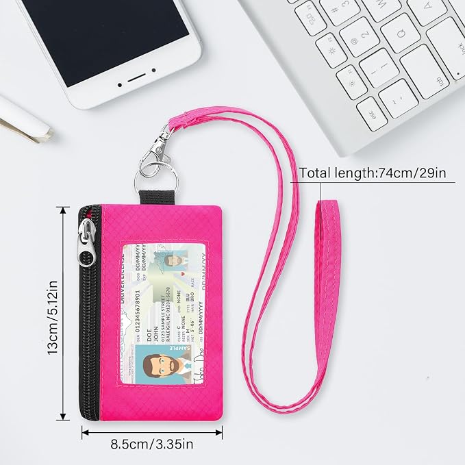Minimalist Small Wallet for Men Women with 2 Zip Pockets, Multi Functional ID Case with Keychain and Card Holder, Coin Purse Badge Lanyard Pouch for Boys Girls Travel -LightBlue+Rose