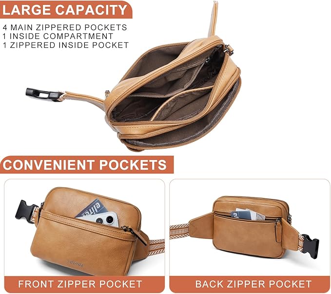 LATMAP 3L Fanny Packs Belt Bag for Women Small Everywhere Crossbody Bag Waist Packs Faux Leather Sling Chest Travel Purse
