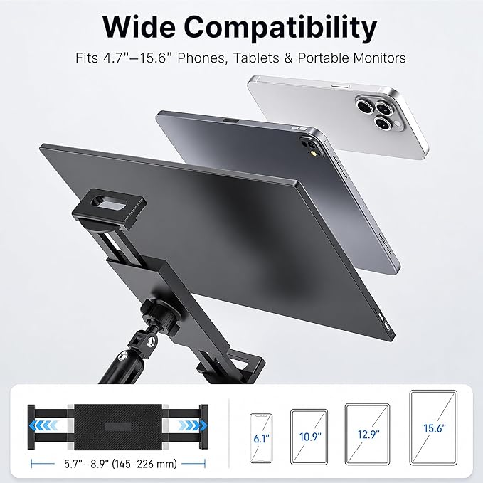 iPad Holder for Desk, Adjustable Tablet Arm iPad Desk Mount with C-Clamp, 30" Foldable Long Arm & 360° Rotation, Fits 4.7"–15.6" i Pad Pro/Air/Mini, Phones & 15.6" Portable Monitors for Desk/Bed Use