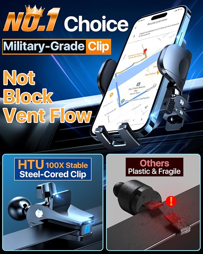 HTU 2026 Ultimate Best【True Military-Grade & Safety Cert】Car Phone Holder【Upgraded 360 Rotation & 100+LBS Strongest Suction】5-in-1 Truck Windshield Dashboard Vent Mount Stand for iPhone Android, Red