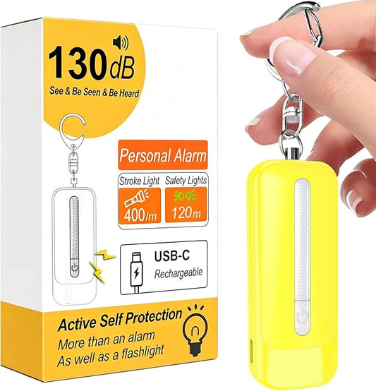 Personal Alarm for Women, Rechargeable with Safety Lights & Low Battery Notice, 130dB Siren with Extra Bright LED Flashlight Strobe Light for Emergency, Dual Light Sources Safety Keychain
