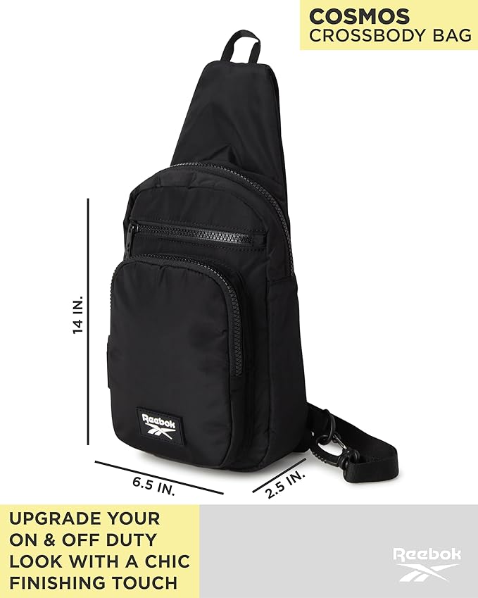 Reebok Unisex Crossbody Bag - Convertible Compact Durable Cross Body Bag for Women and Men - Gym and Travel Essentials, Size One Size, Cosmos Black With White Logo
