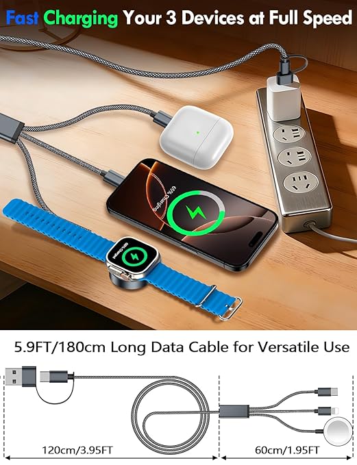 Travel Essentials for Apple Watch Charger,iPhone Charger,3 in 2 Type C/Lightning/Magnetic Travel Charging Cable,Portable Multi Charging Cable for Apple Watch, iPhone 17‑11,Samsung S26,Car,iPad-6FT