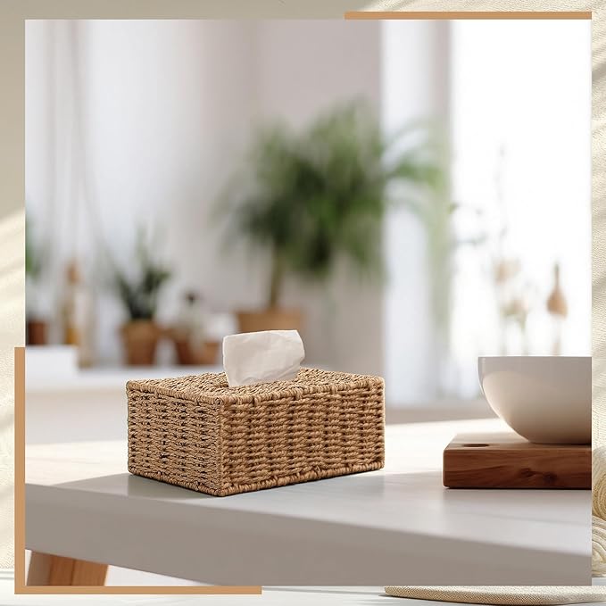 Tissue Box Cover Rectangle Natural Paper Rope Hand Woven Tissue Box Holder for Bathroom Living Room Bedroom Kitchen Table Desk Office Farmhouse Home Decor (Natural)