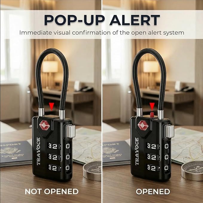 TRAVOCE TSA Approved Luggage Locks - Heavy Duty 3 Digit Combination Cable Lock, Search Alert for Suitcases, Backpacks, Golf Bags, Tents, Violin and Camera Cases (4 Colors)