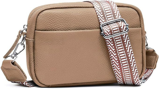 Small Crossbody Bags for Women Genuine Leather, Guitar Strap Shoulder Handbag Purse Camera Bag with Rfid Card Slots, Nude