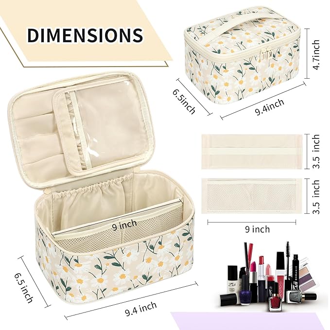 OCHEAL Makeup Bag,Travel Makeup Organizer Bag, Cute Cosmetic Bags for Women Girls Travel Toiletry Bag Traveling With Brush Slot And Divider-Floral