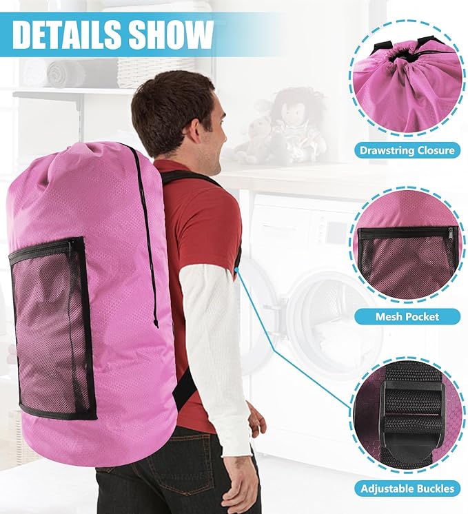 Olosar Laundry Bag Backpack, Extra Large Travel Laundry Bag with Mesh Pocket & Adjustable Shoulder Straps,Dirty Clothes Travel Bag for College Students Dorm,Apartment(Pink)