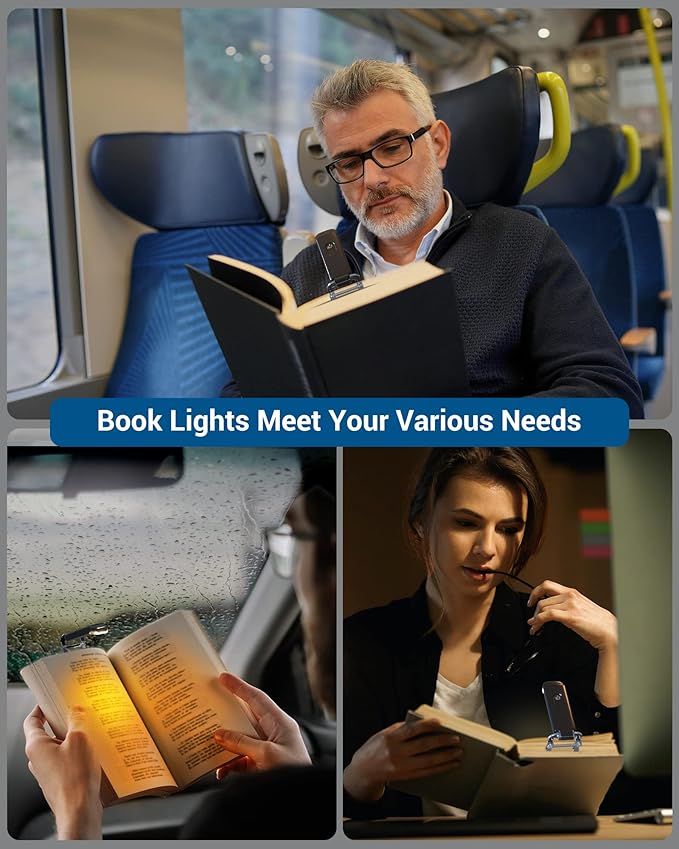 DEWENWILS Booklight with Clip, USB Rechargeable Book Light for Reading in Bed, Clip on Book Lamp for Reading at Night, Brightness Adjustable, Sleep Aid Light, Warm White (Black)