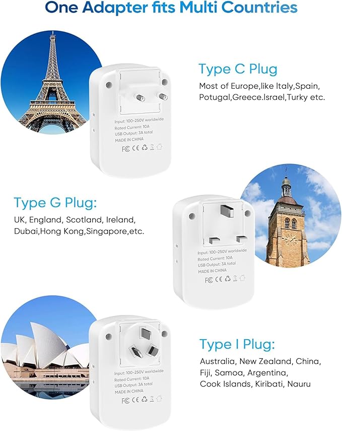 Olcorife Universal Travel Adapter Kit with 3 AC Outlets 4 USB Ports, International Plug Adapter for US EU UK AUS (Type-C/G/A/I), European Travel Essentials