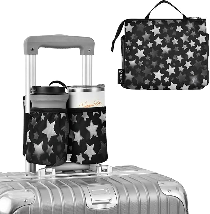 Luggage Cup Holder for Suitcases Free Hands Suitcase Cup Holder Travel Luggage Drink Holder Portable Luggage Cup Caddy Bag Carrier with Handle Silver and Grey Stars