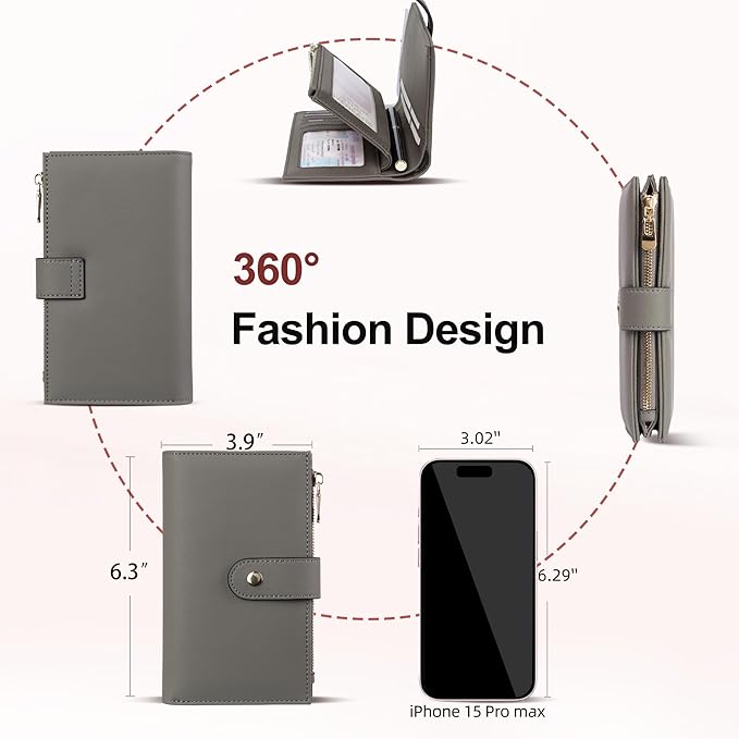 yiijay Women's Wallet RFID Blocking Leather Trifold Clutch Wallet Credit Card Holder Ladies Travel Wallet Purse with Pen Holder