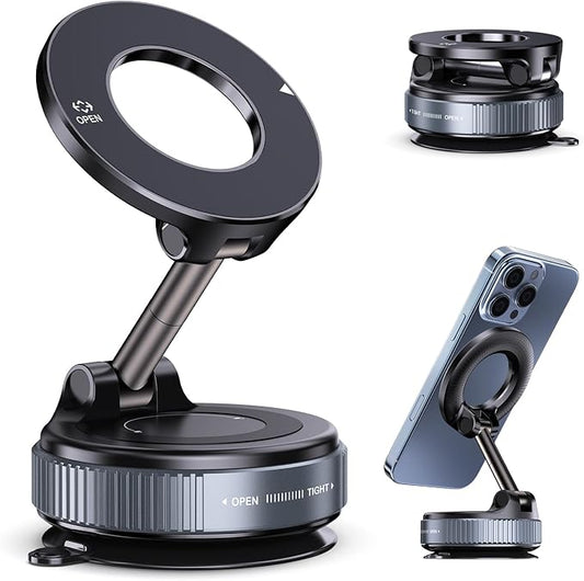 Jikasho Vacuum Magnetic Car Phone Holder for Magsafe, Hands-Free 360° Adjustable Suction Cup Phone Mount for Car/Gym/Mirror/Smooth Surface, Compatible with iPhone & Android (Stellar Gray)