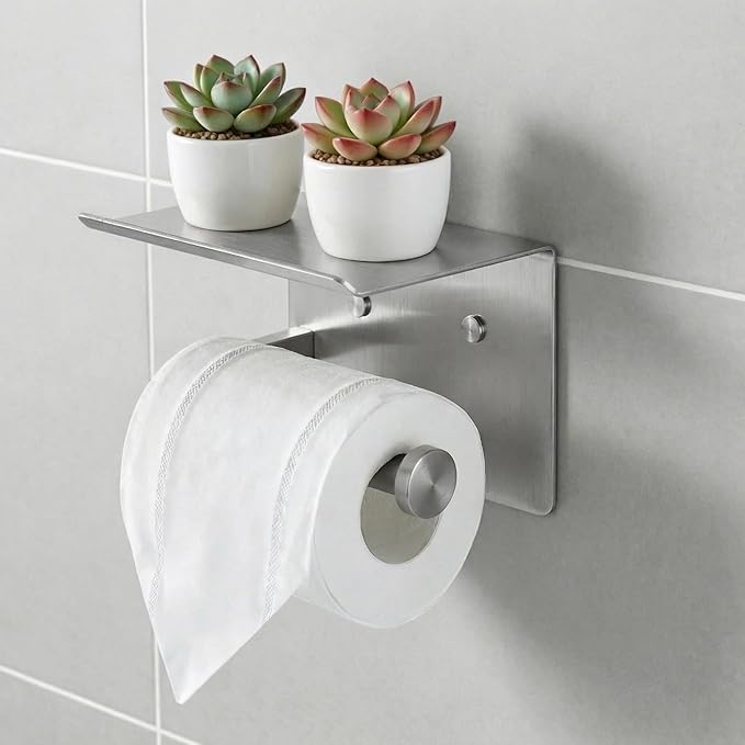 Toilet Paper Holder with Shelf, Heavy-Duty Stainless Steel Bathroom Hardware, Self-Adhesive No-Drill/Drill-Mount Wall-Mounted Roll Holder, Rust-Proof Bathroom Tissue Rack(Brushed Nickel)