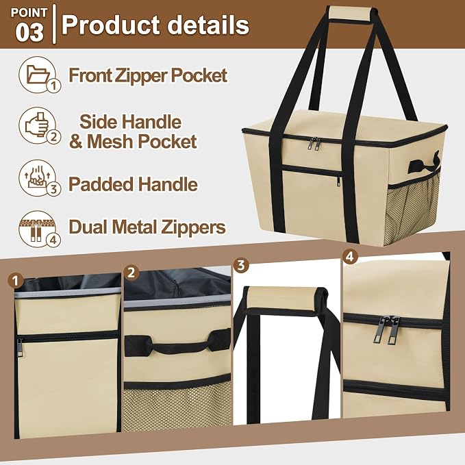 Reusable Grocery Bag – Expandable Insulated Cooler Bag with Bottom Board, Collapsible Insulated Shopping Bag with Zipper & Drawstring, Heavy Duty Tote Bag for Shopping, Delivery, Picnic, Beach