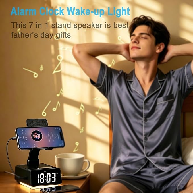 Gifts for Father & Men Who Have Everything, Bluetooth Speaker Phone Stand, Dual Alarm & RGB Light, Adjustable Foldable Charging Holder, Unique Birthday Gifts for Men, Women & Husband