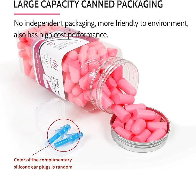 LYSIAN Soft Foam Ear Plugs for Sleeping and Snoring, 38dB SNR Noise Reduction Earplugs, 60 Pairs Disposable Earplugs for Women, Travel, Study and Loud Noise, Pink