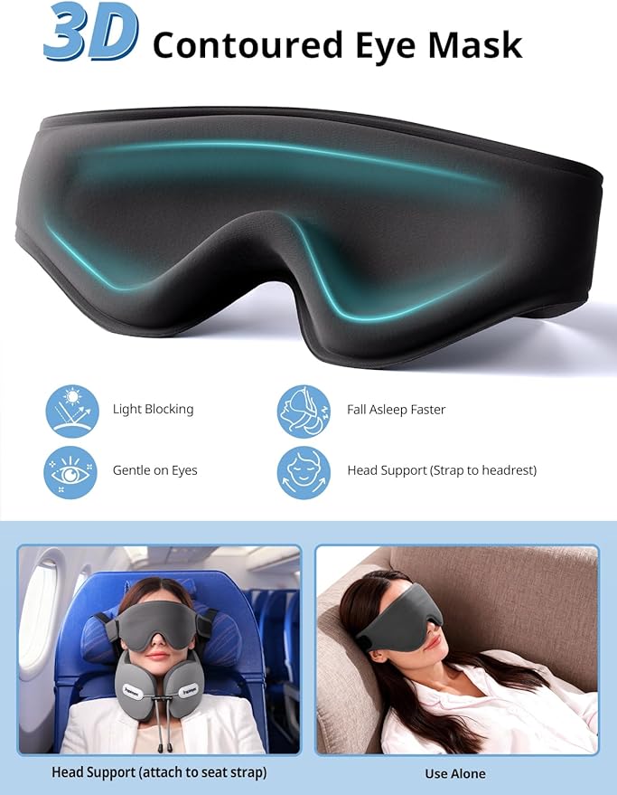 Inspireyes Neck Pillow, Travel Pillow with Seat Strap, 3D Sleep Mask, Dual Support Neck Head, High Supportive Foam Airplane Pillow for Long Flight, Stop Bobblehead Travel Essential, Light Grey
