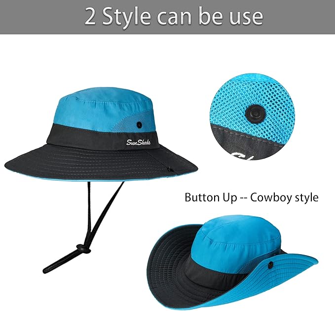 Women's Summer Sun-Hat Ponytail - Outdoor UV-Protection Mesh Wide Brim Foldable Hat with Ponytail Hole