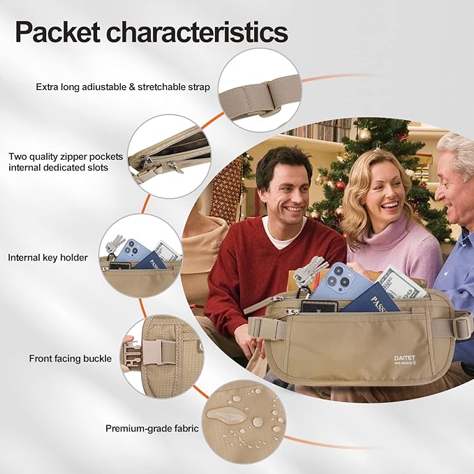 Money Belt - Passport Holder Secure Hidden Travel Wallet with RFID Blocking, Undercover Fanny Pack (Beige)