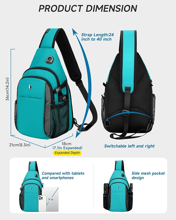 Expandable Sling Bag for Women, Turquoise Anti-Theft Crossbody Bag with Water Bottle Pocket, Summer Travel Essentials for Beach, Theme Park & College, Compatible with 11 inch iPad, Switch 2