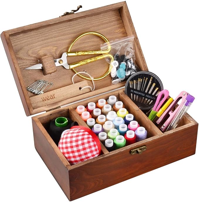 Sewing Kit, Wooden Sewing Kit Box for Adults, Wooden Sewing Basket with Accessories, Home Sewing Basket Stitching Repair Kit for Beginner, Women, Men,Vintage Embroidery Scissors Kit (Retro Brown)