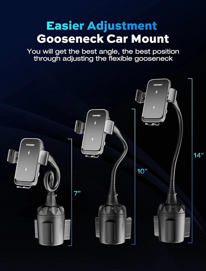 Dual Coil Cup Phone Mount Wireless Charger, Universal Cell Phone Holder, Cup Holder 15W Fast Charging for iPhone 17 16 Pro Max, Samsung Galaxy - Black