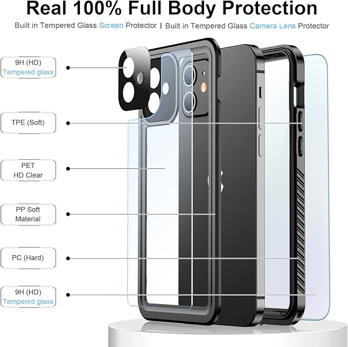 for iPhone 12 Case,Waterproof Non-Slip Shockproof iPhone 12 Waterproof Case,Black