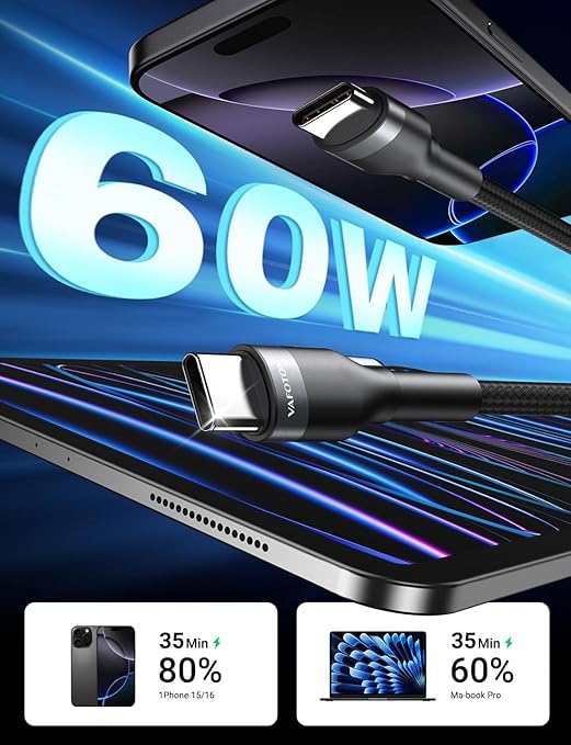 PD 60W Short USB C Cable (2 Pack), Keychain 6 Inch USB C Cable/Nylon Braided Type C to Type C Cables/Fast Charging Cables for 1Phone17/16/15 Series, 1Pad Pro/Air, Samsung Galaxy Series, Google Pixel