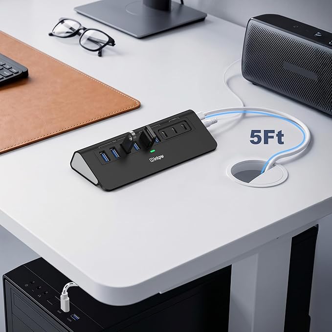 Powered USB Hub 10Gbps, intpw YH6AC 9-Port USB HUB with USB A/USB C 3.2, 4 USB 3.0, 2 PD 45W Charging Port, 65W Power Adapter + 5FT Cable, Aluminum USB Hub for Laptop, PC,iPhone 17/16